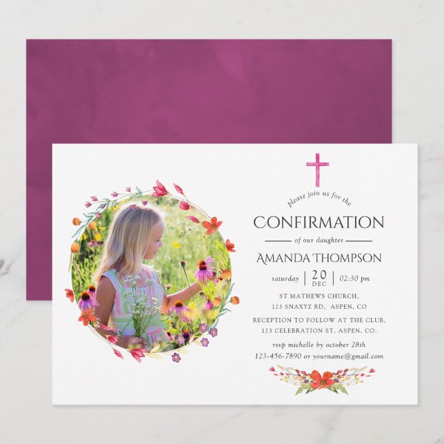 Aquarelle Wildflower Baptism or Christening Invitation (Front/Back)