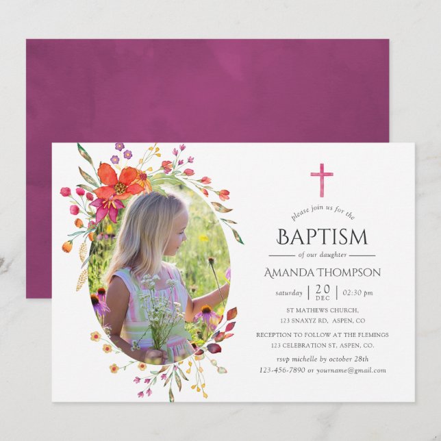 Aquarelle Wildflower Baptism or Christening Invitation (Front/Back)
