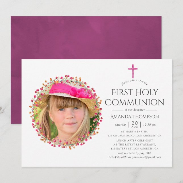 Aquarelle Wildflower First Holy Communion Invitation (Front/Back)