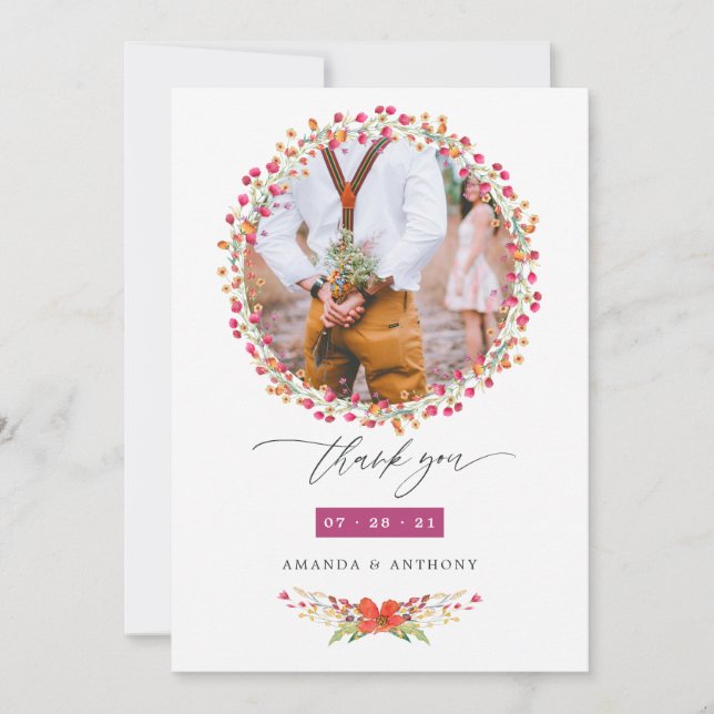 Aquarelle Wildflower Wedding Photo Collage Thank You Card (Front)