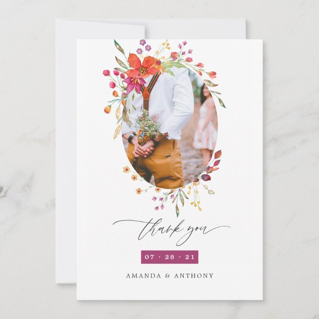 Aquarelle Wildflower Wedding Photo Thank You Card (Front)