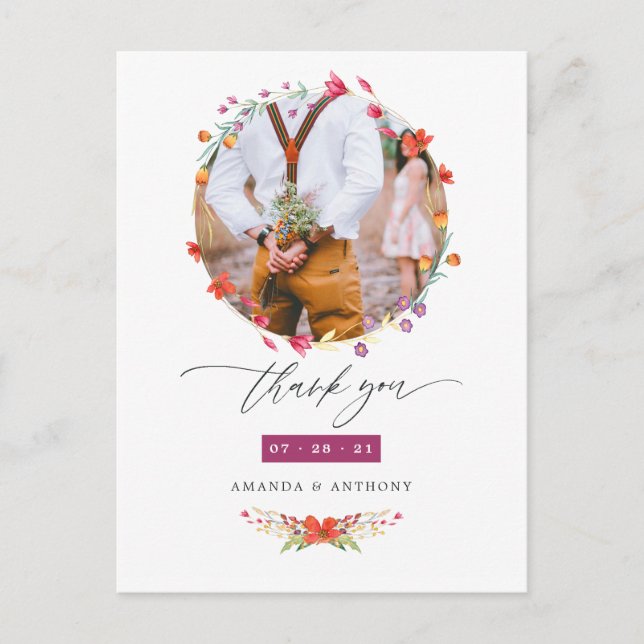 Aquarelle Wildflower Wedding Photo Thank You Postcard (Front)