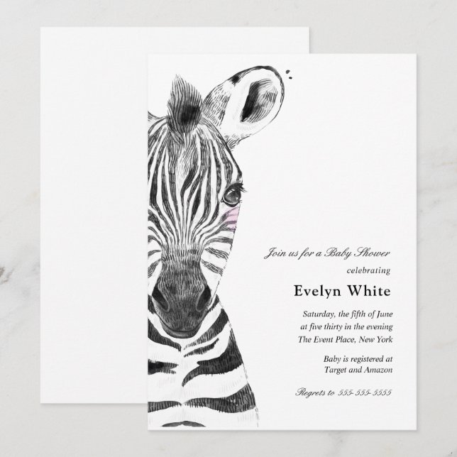 Aquarelle Zèbre | invitation Baby shower (Devant / Derrière)