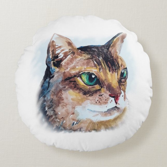 Aquarellporträt einer Katze  Round Pillow (Front)