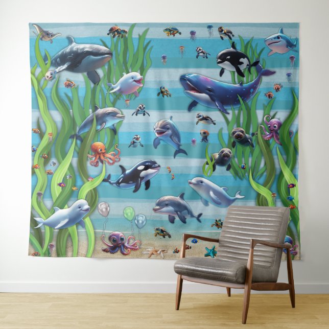 Aquarium 3 Parties fond de mur Tapisserie (En situation (horizontale))