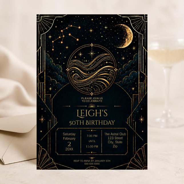 Aquarius 50th Birthday Invitation | Dark Art Deco (Elegant Aquarius 50th birthday invitation with luxurious dark Art Deco celestial zodiac design.)