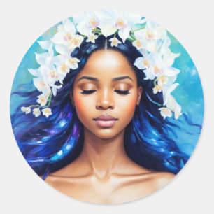 Aquarius Black Girl Zodiac Art Classic Round Sticker