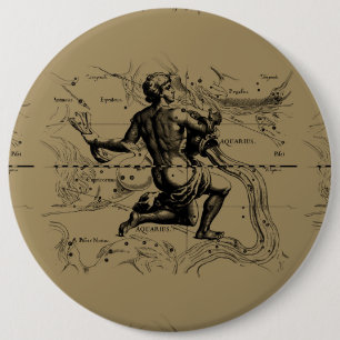 Aquarius Constellation Map Hevelius 1690 on Taupe 6 Inch Round Button