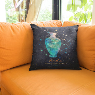 Aquarius Constellation Zodiac Watercolor Galaxy Throw Pillow