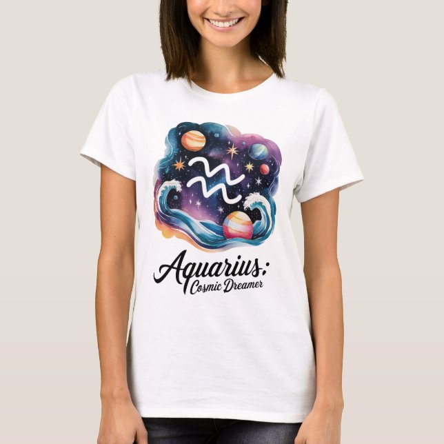 Aquarius Cosmic Dreamer Watercolor Zodiac Sign T-Shirt (Front)