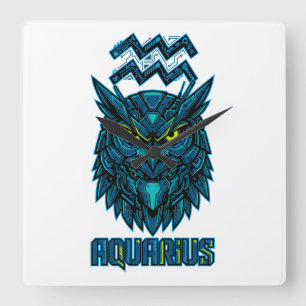 AQUARIUS CYBER OWL FUTURISTIC VECTOR SQUARE WALL CLOCK