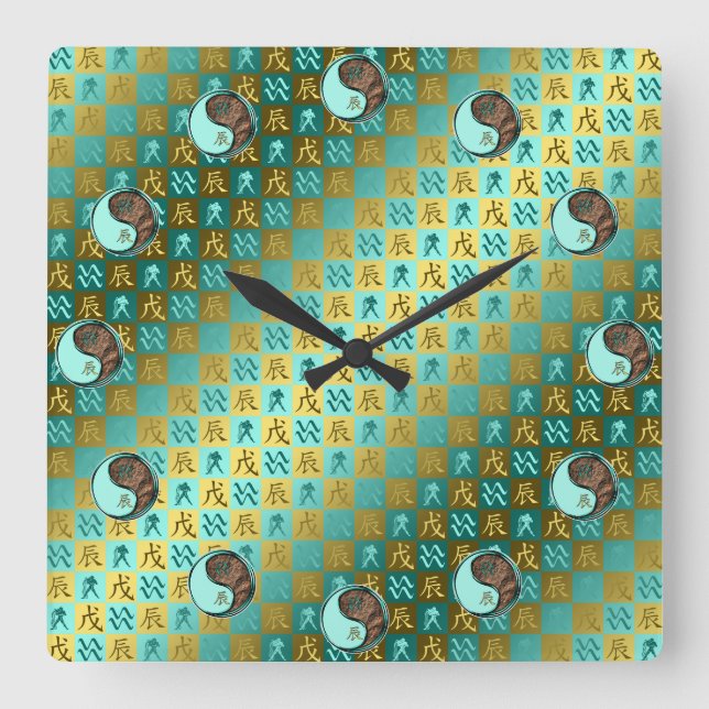 Aquarius & Earth Dragon Square Wall Clock (Front)