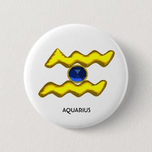 AQUARIUS /GOLD ZODIAC BIRTHDAY JEWEL 2 INCH ROUND BUTTON