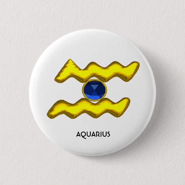 AQUARIUS /GOLD ZODIAC BIRTHDAY JEWEL 2 INCH ROUND BUTTON (Front)