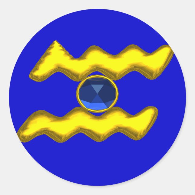 AQUARIUS /GOLD ZODIAC BIRTHDAY JEWEL CLASSIC ROUND STICKER (Front)