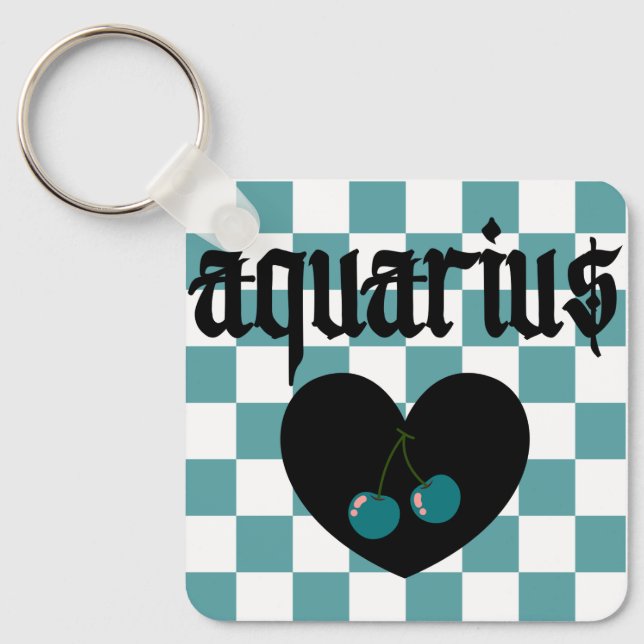 Aquarius Gothic Aesthetic Chequered Cherry Design Keychain (Front)