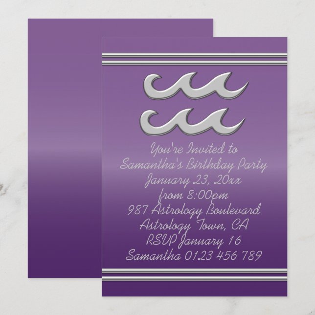Aquarius in Chrome on Amethyst Effect Birthday Invitation (Front/Back)