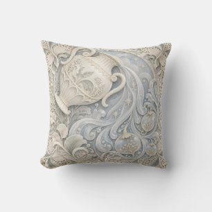 Aquarius Ivory Blue Porcelain Relief Style Throw Pillow