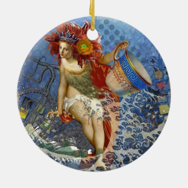 Aquarius Mermaid Gothic Blue Art Ceramic Ornament (Back)