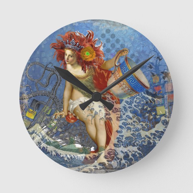 Aquarius Mermaid Gothic Blue Art Round Clock (Front)