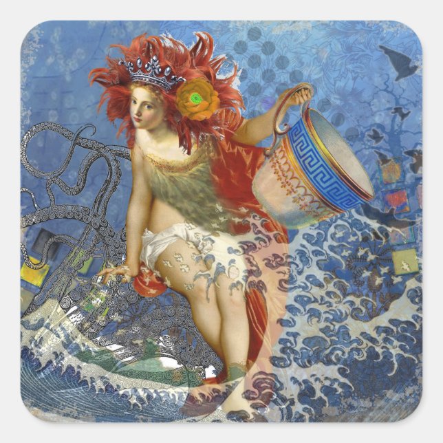 Aquarius Mermaid Gothic Blue Art Square Sticker (Front)