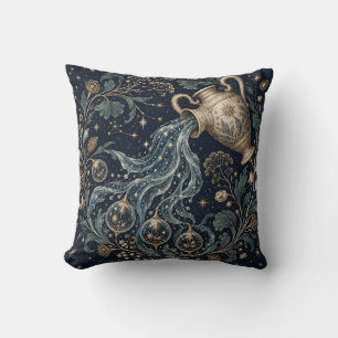 Aquarius Midnight Botanical Engraving Throw Pillow