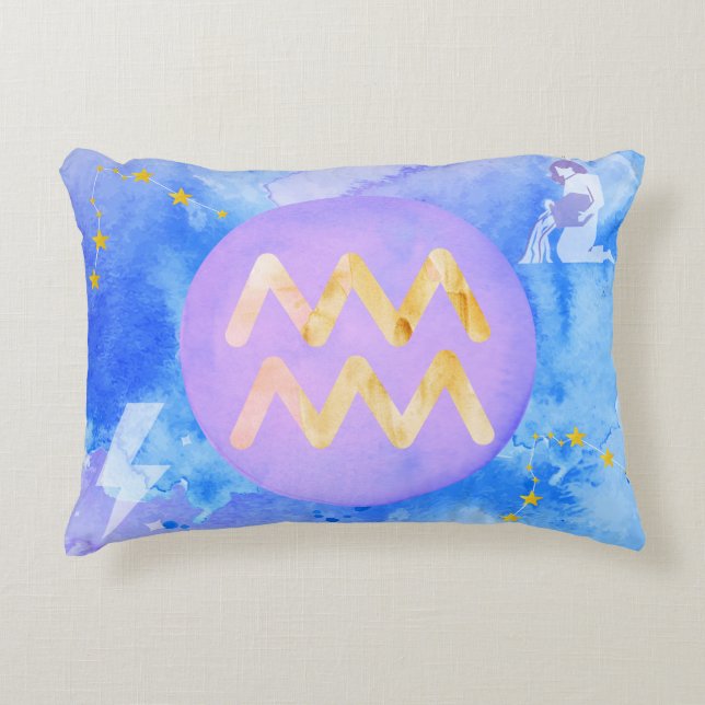 Aquarius Purple Blue Watercolour Astrology Zodiac Accent Pillow (Front)