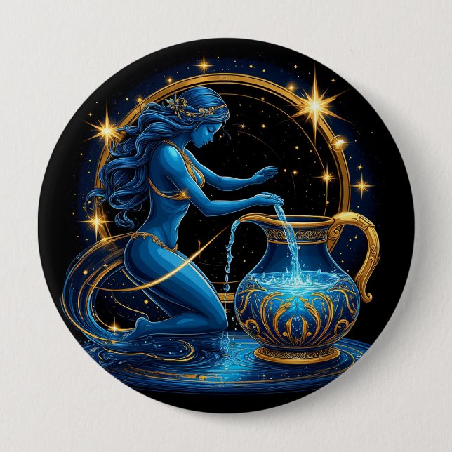 Aquarius Sign Beautiful Digital Illustration 4 Inch Round Button (Front)