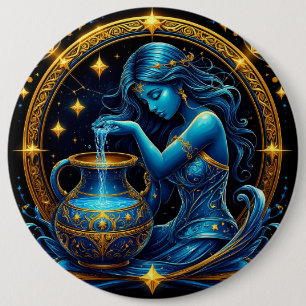 Aquarius Sign Beautiful Digital Illustration 6 Inch Round Button