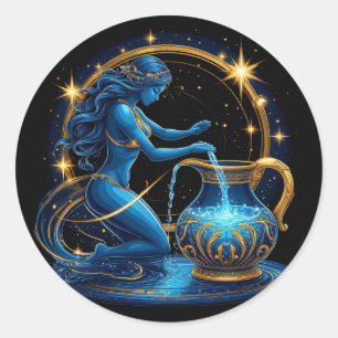 Aquarius Sign Beautiful Digital Illustration Classic Round Sticker