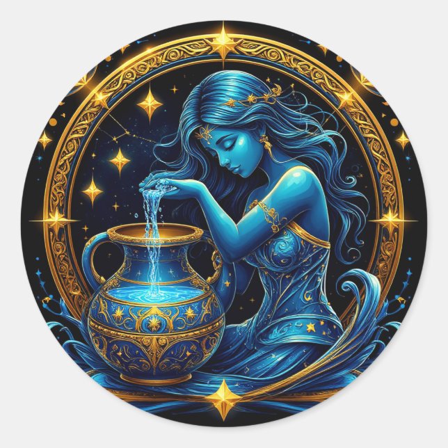 Aquarius Sign Beautiful Digital Illustration Classic Round Sticker (Front)