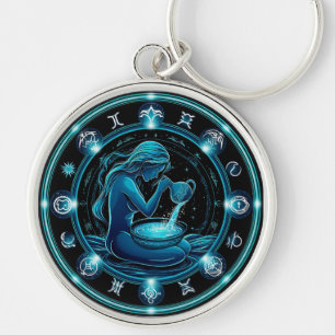 Aquarius Sign Beautiful Digital Illustration Keychain