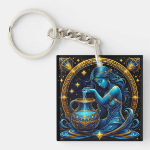 Aquarius Sign Beautiful Digital Illustration Keychain