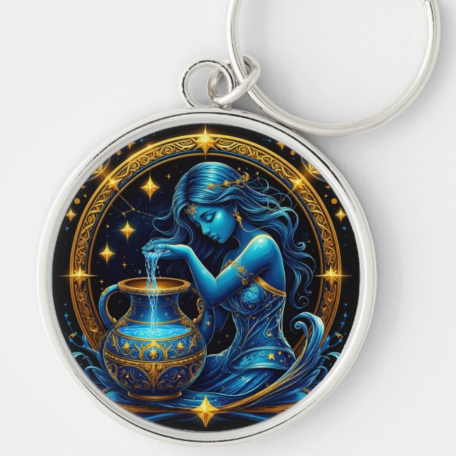 Aquarius Sign Beautiful Digital Illustration Keychain (Front)