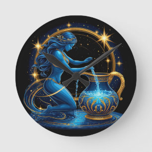 Aquarius Sign Beautiful Digital Illustration Round Clock
