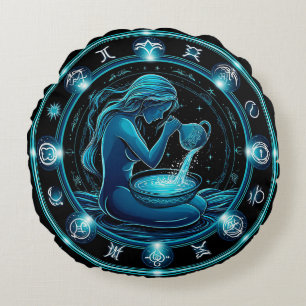 Aquarius Sign Beautiful Digital Illustration Round Pillow