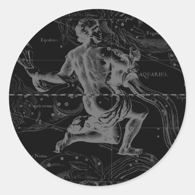 Aquarius Sign Constellation Map by Hevelius Classic Round Sticker (Front)