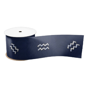 Aquarius Sign on Blue Carbon Fibre Style Satin Ribbon