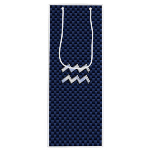 Aquarius Sign on Blue Carbon Fibre Style Wine Gift Bag