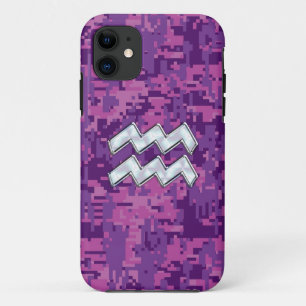 Aquarius Sign on fuchsia pink digital camo iPhone 11 Case