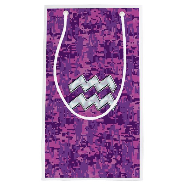 Aquarius Sign on fuchsia pink digital camo Small Gift Bag (Front)