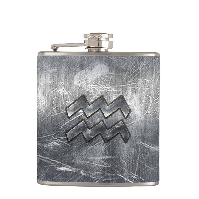 Aquarius Symbol Grunge Distressed Silver Steel Hip Flask (Front)