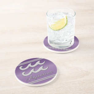 Aquarius Symbol in Chrome on Amethyst Effect Coaster
