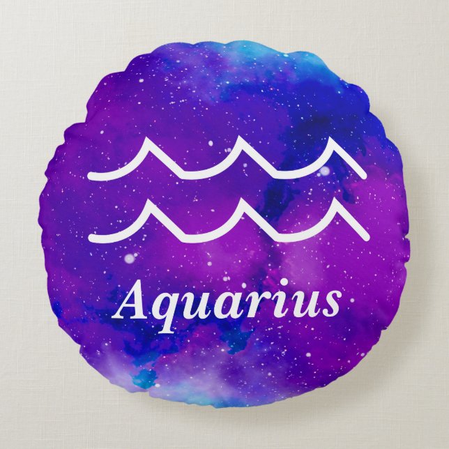 Aquarius Symbol Purple Blue Space Nebula Round Pillow (Front)