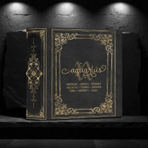 Aquarius Traits   Black and Gold Zodiac Scrapbook Binder