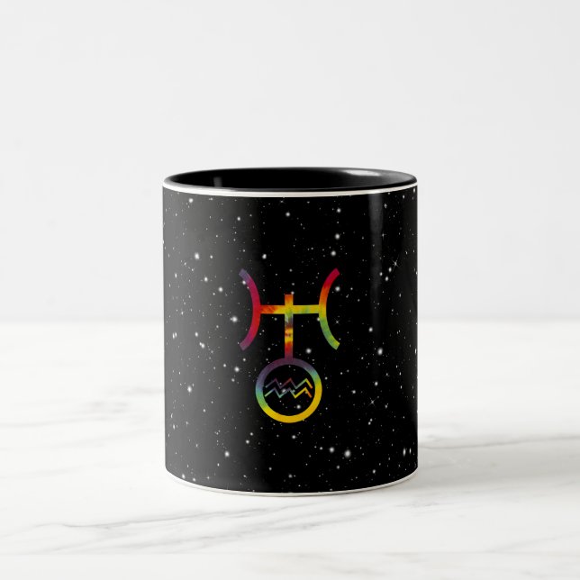 Aquarius Uranus Planetary Symbol Starry Tie Dye Two-Tone Coffee Mug (Center)