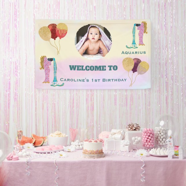 Aquarius Watercolor 1st Birthday Photo Sign (Party)