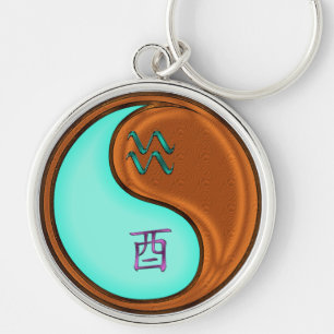Aquarius & Wood Rooster Keychain
