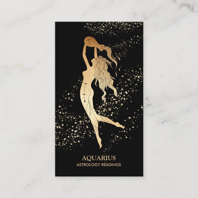 *~* AQUARIUS Zodiac Astrology Reading Gold  Black Business Card (Front)