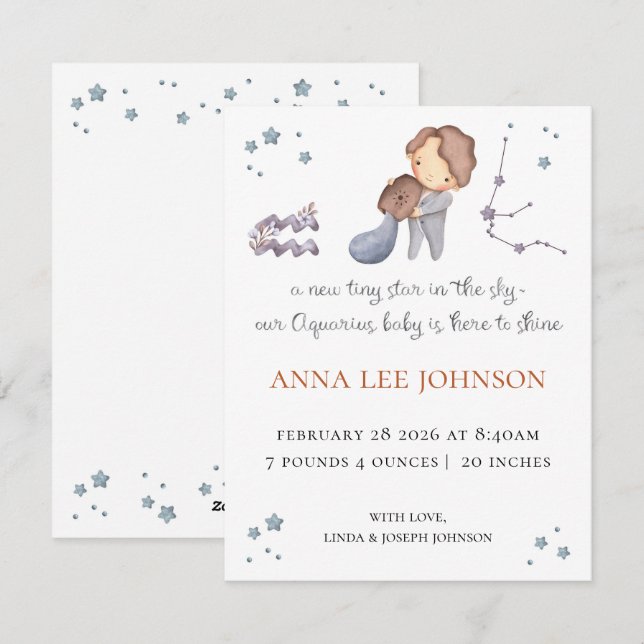 Aquarius Zodiac Birth Announcement (Front/Back)